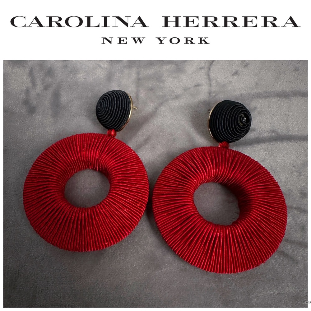 Carolina Herrera Vintage Black and Red Raffia Drop Earrings